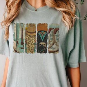 Western Cowgirl Music City Nashville Guitar Cow Graphic Tee
